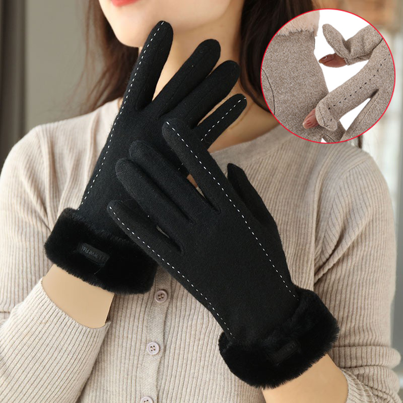Wool Glove Lined - Kadınlar kış eldiven üst parmaklarınızın dokunmatik